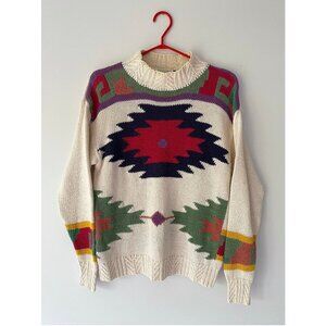 90s vintage colorful southwest aztec print boho cable knit pullover sweater